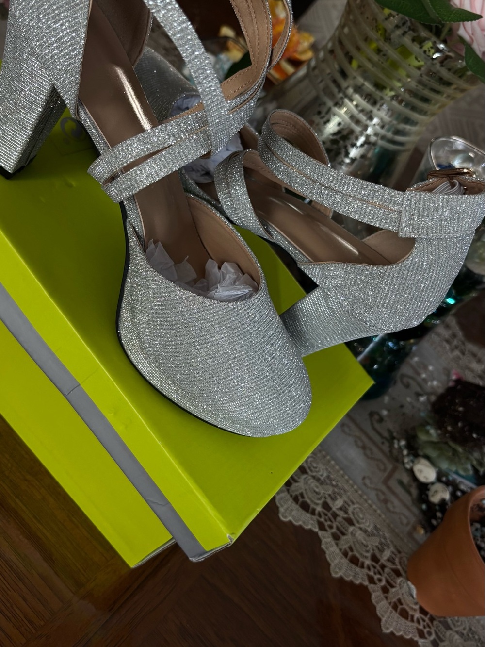 Silver Sparkle Strappy Block Heel Pumps - Women's Size 9 - Picture 6 of 8